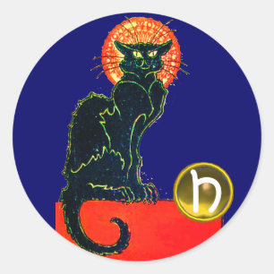 STICKER ROND CHAT NOIR HALLOWEEN PARTY MONOGRAM