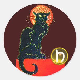 STICKER ROND CHAT NOIR HALLOWEEN PARTY MONOGRAM