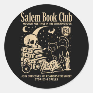 Sticker Rond Chat Noir Halloween Sorcière Club de Lecture Desig