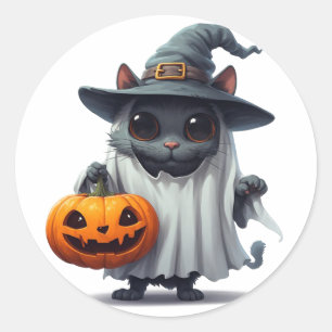 Sticker Rond Chat noir Halloween tenant une citrouille 👻