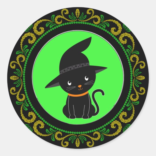 Sticker Rond Chat Noir Jaune Vert Avec Un Casquette De Sorcière (Devant)