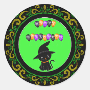Sticker Rond Chat noir jaune Vert Joyeux Ballons d'Halloween