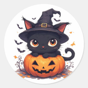 Sticker Rond Chat noir kawaii tenant une citrouille Halloween �