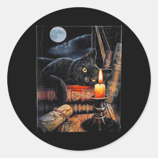 Sticker Rond Chat noir lisant des livres rituel de sorcellerie