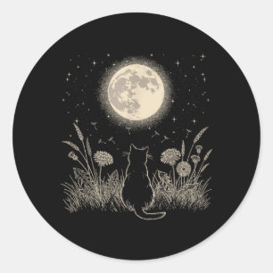 Sticker Rond Chat Noir Lune Florale Esthétique Hommes Femmes Ch
