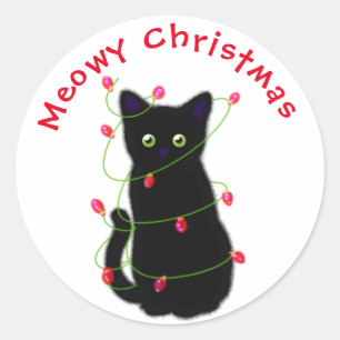 Sticker Rond chat noir Meowy Christmas lumières scintillant