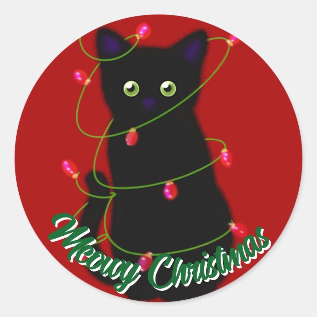 Sticker Rond Chat noir Meowy Noël rouge scintillant lumières (Devant)