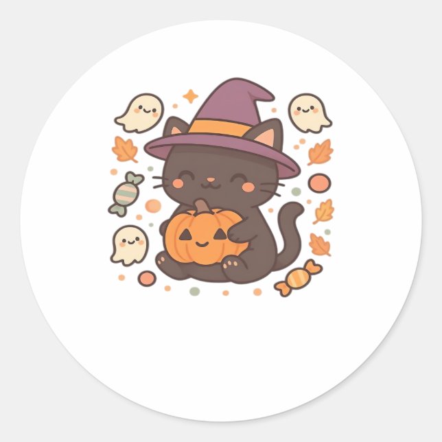 Sticker Rond Chat noir mignon avec Casquette sorcier - Kawaii H (Devant)