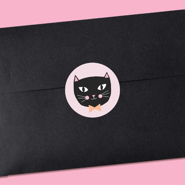 Sticker Rond Chat noir mignon avec Cravate de cabot Halloween A (Créateur téléchargé)