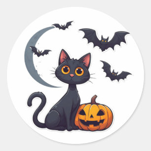Sticker Rond Chat noir mignon et chauves-souris amicales Hallow