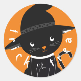Sticker Rond Chat noir mignon ou traiter Halloween