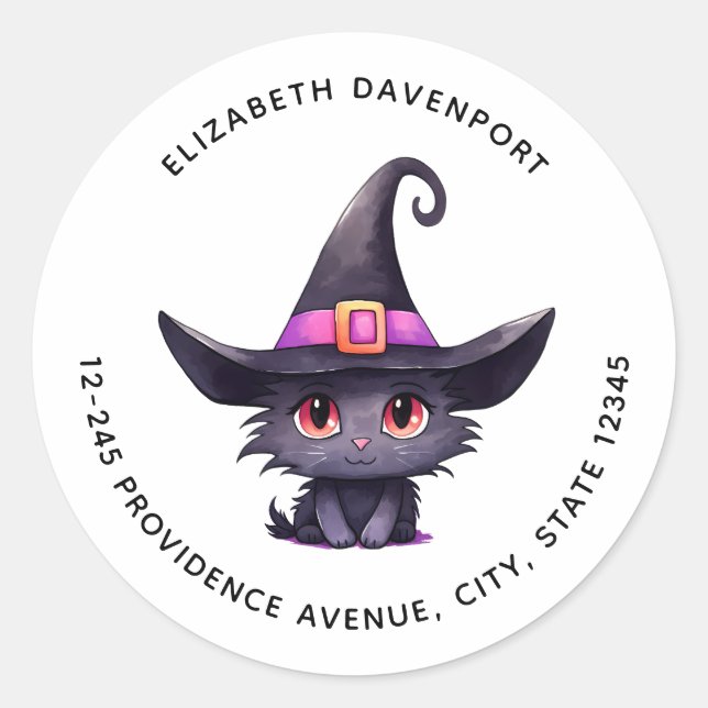 Sticker Rond Chat noir mignon portant l'adresse Casquette d'une (Devant)