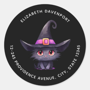 Sticker Rond Chat noir mignon portant l'adresse Casquette d'une