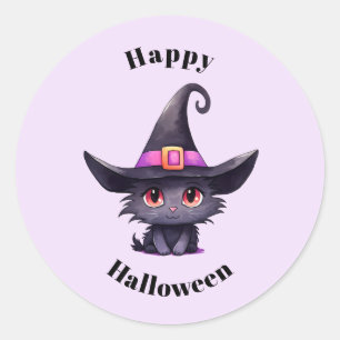 Sticker Rond Chat noir mignon portant l'Halloween Casquette d'u