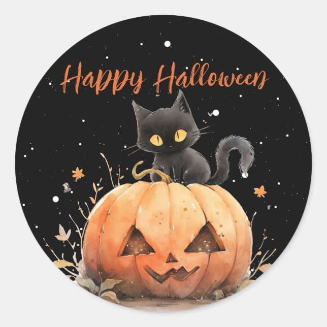 Sticker Rond Chat noir mignon sur Halloween Citrouille (Devant)