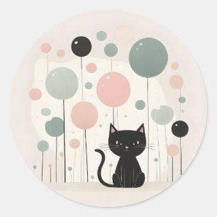 Sticker Rond Chat noir minimaliste Boho mignon avec ballons