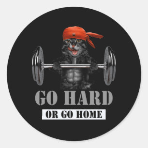 Sticker Rond Chat Noir Poids en Fitness Gym Go Hard Ou