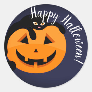 Sticker Rond Chat noir sur la lune Halloween