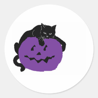 Sticker Rond Chat Noir Sur Un Citrouille Violet