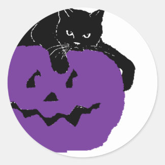 Sticker Rond Chat Noir Sur Un Citrouille Violet