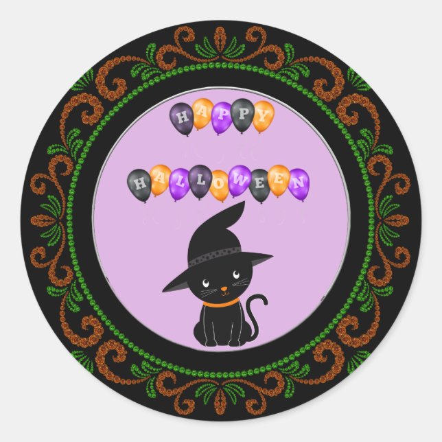 Sticker Rond Chat noir vert orange Joyeux Ballons d'Halloween (Devant)