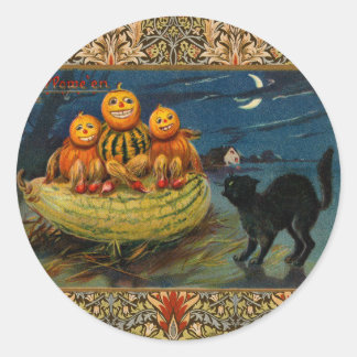 Sticker Rond Chat noir vintage Halloween Citrouille