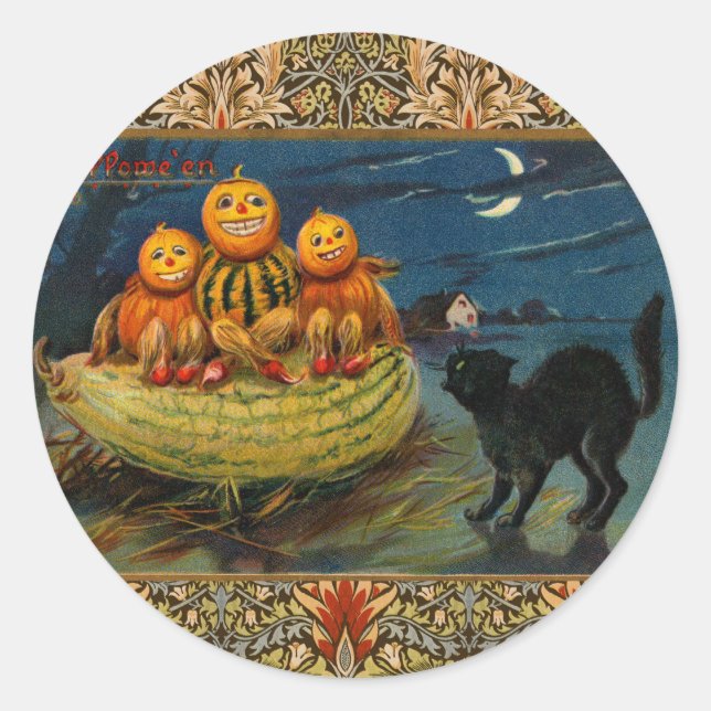 Sticker Rond Chat noir vintage Halloween Citrouille (Devant)
