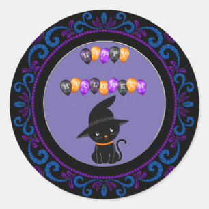 Sticker Rond Chat noir violet bleu Joyeux Ballons d'Halloween