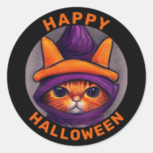Sticker Rond Chat orange avec sorcière violette Casquette Hallo