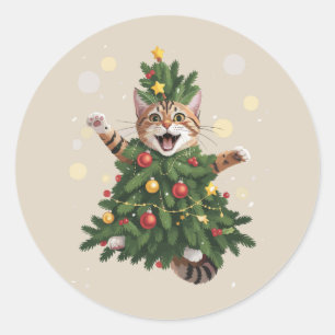 Sticker Rond Chat orange roux arbre de Noël mignon Noël 