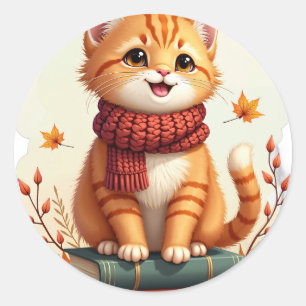 Sticker Rond Chat orange roux automnal confortable amateur de l