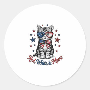 Sticker Rond Chat Patriotique Rouge Blanc et Meow Design Vintag