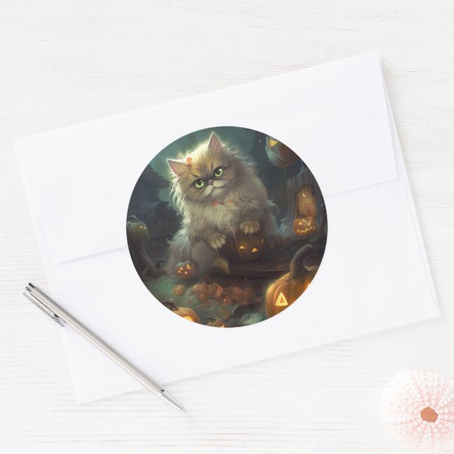 Sticker Rond Chat perse d'Halloween avec effroi Citrouille (Enveloppe)