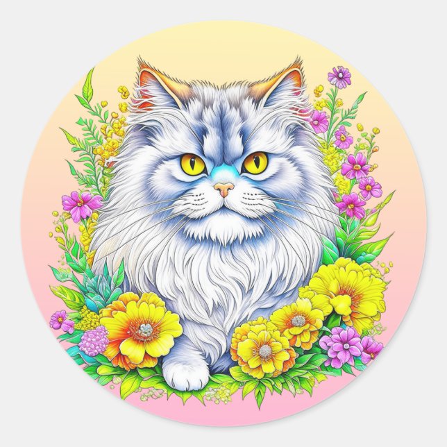Sticker Rond Chat perse en Fleurs Jaunes et Roses (Devant)