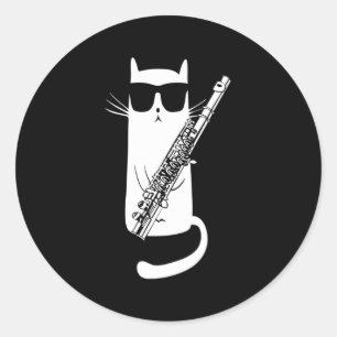 Sticker Rond Chat Portant des lunettes de soleil Jouer de la Fl