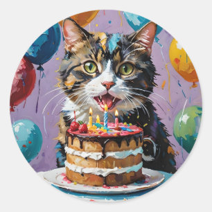 Sticker Rond Chat Profitant De L'Art Acrylique Du Gâteau Annive