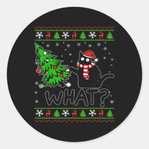 Sticker Rond Chat quoi drôle chat noir poussant arbre de Noël O