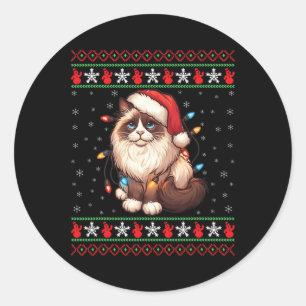 Sticker Rond Chat Ragdoll Vilain Noël Ragdoll Chat Xmas Lighti