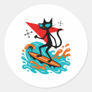 Sticker Rond Chat Rétro Drôle Faisant du Surf Thème Rétro Milie