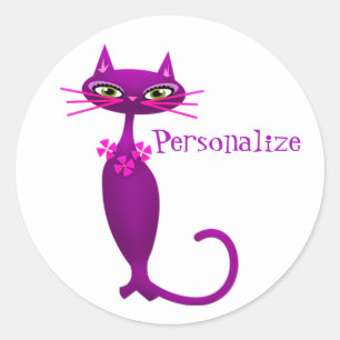 Sticker Rond Chat rétro du milieu du siècle mignon girly