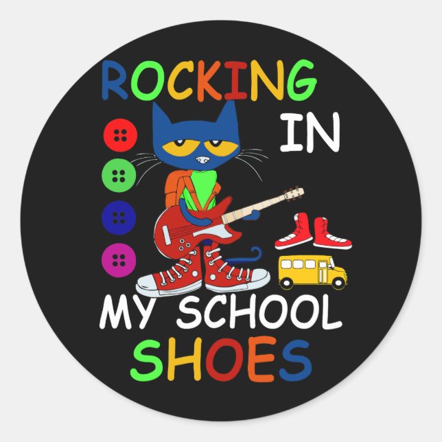 Sticker Rond Chat Rocking Dans Mon École Chaussures Retour À L' (Devant)