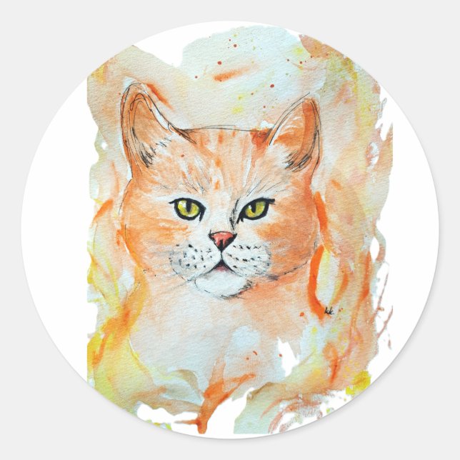 Sticker Rond Chat Rouge Humour magique Aquarelle Mystique (Devant)