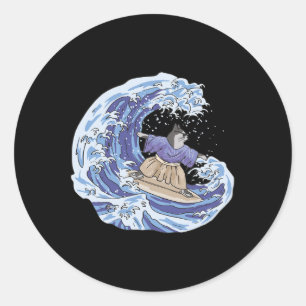 Sticker Rond Chat Samouraï du Japon Surf Vintage Planche de Sur