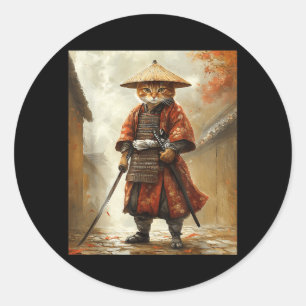 Sticker Rond Chat Samouraï Japon Japonais Drôle Graphique