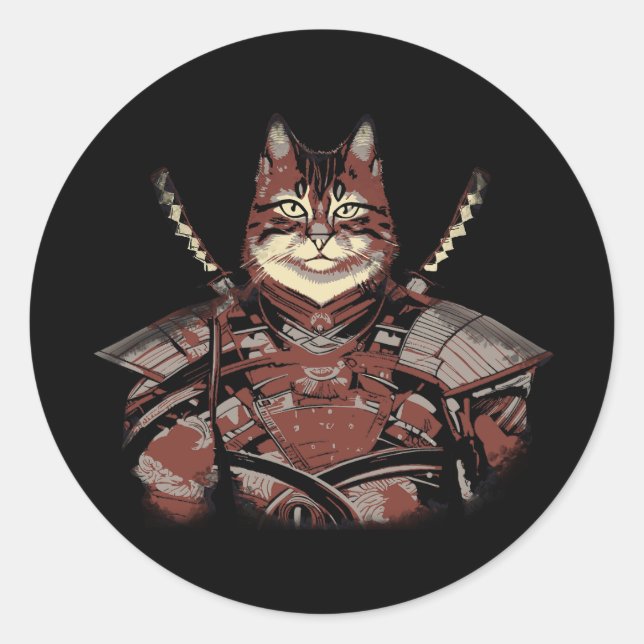 Sticker Rond Chat Samurai guerrier japonais (Devant)
