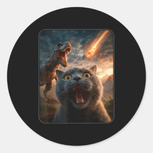 Sticker Rond Chat selfie avec T-rex dinosaure drôle de chat T R