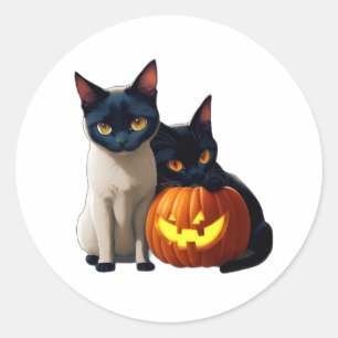 Sticker Rond Chat Siamais Noir Citrouille Cute Kawaii Animaux A