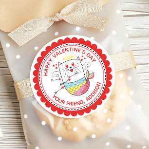 Sticker Rond Chat sirène mignon Saint-Valentin personnalisé