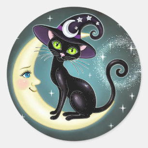 Sticker Rond Chat sorcière sur Halloween de la lune croissante 