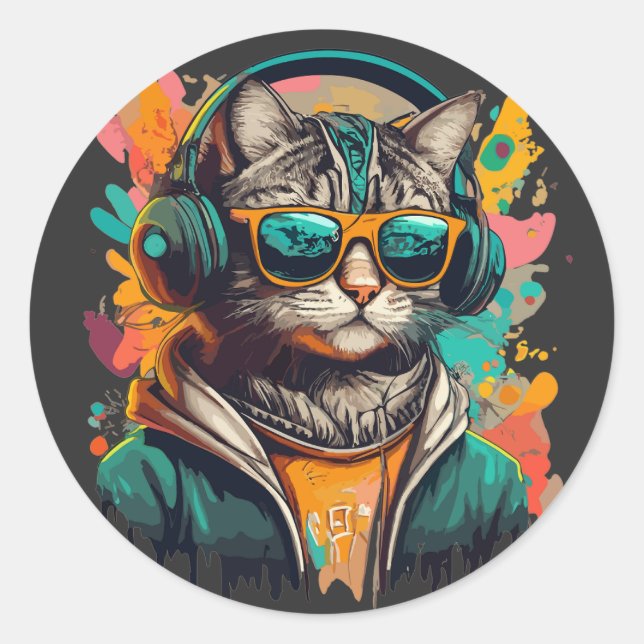 Sticker Rond Chat Super cool avec casque à écouter de la musiqu (Devant)